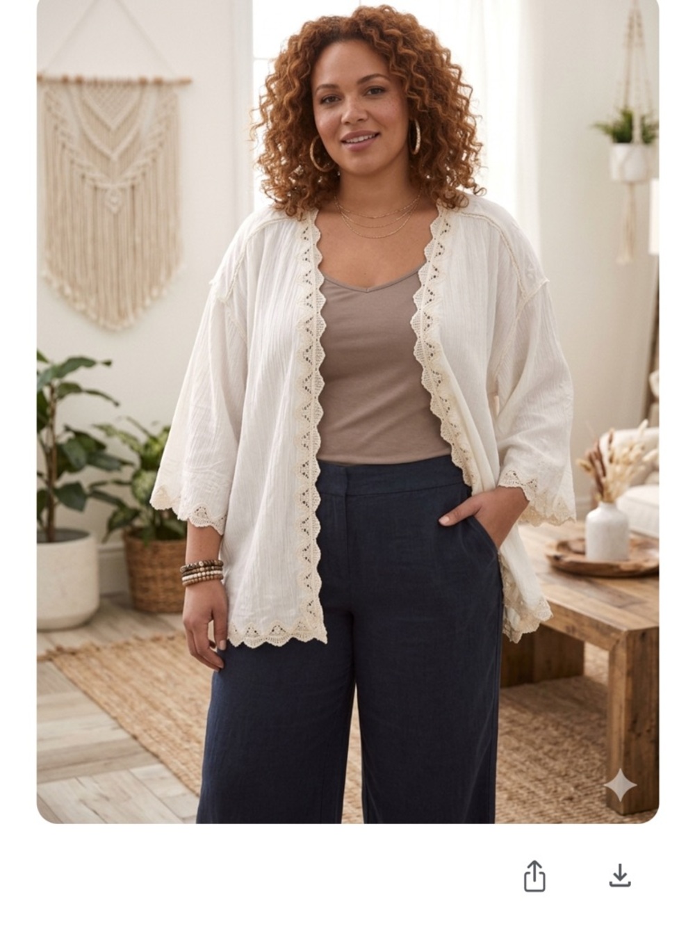 Democracy Cream Lace-Trim Embroidered Open Kimono Cardigan
